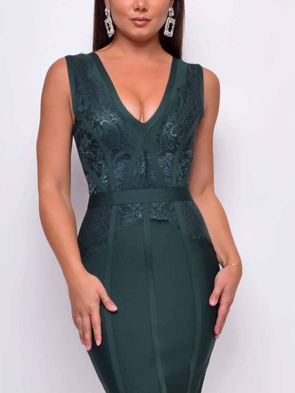 Emprada Tavia Green V Neck Lace Bandage Midi Dress